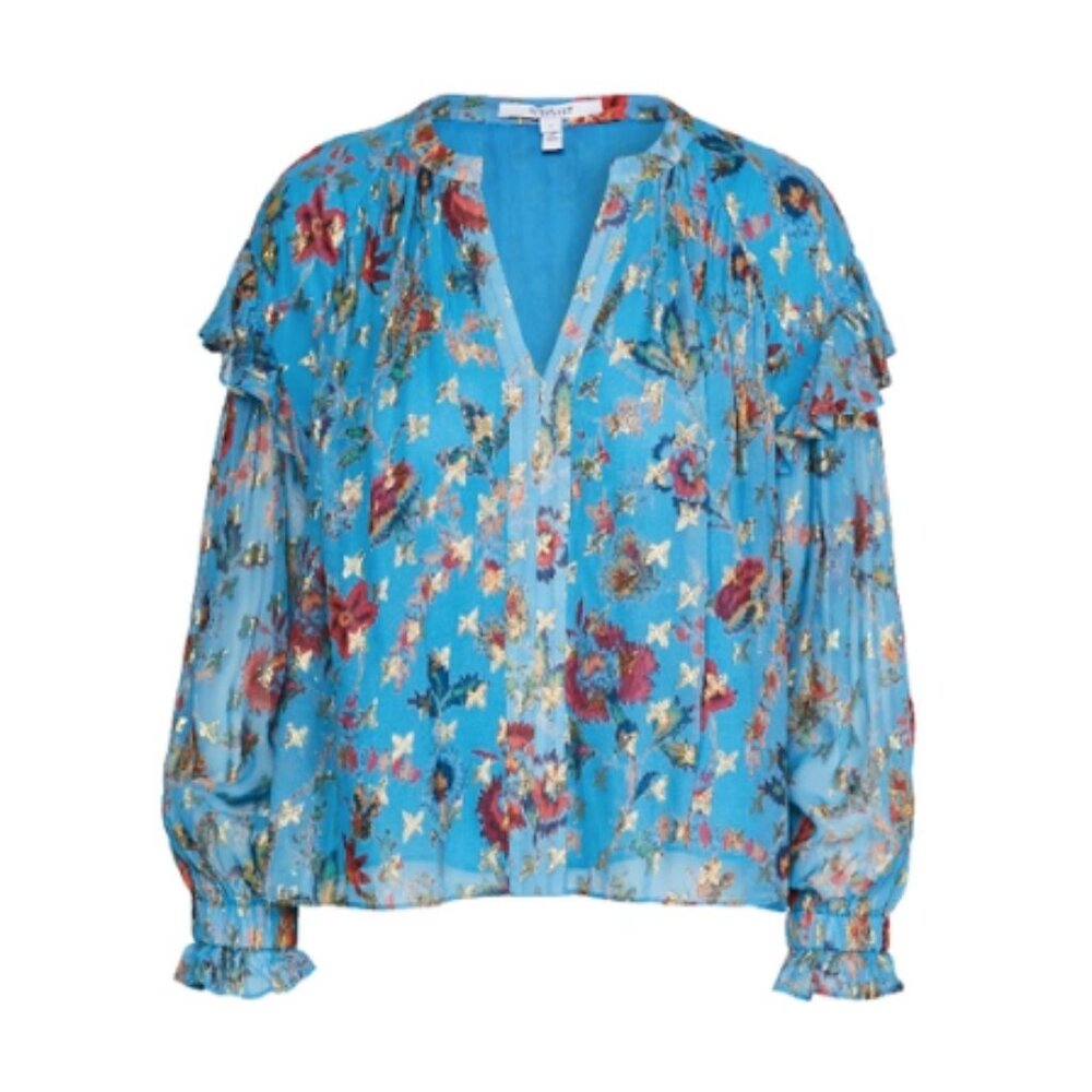 DEREK LAM 10 CROSBY Blue Ruffled Metallic Floral Long Sleeve Blouse
